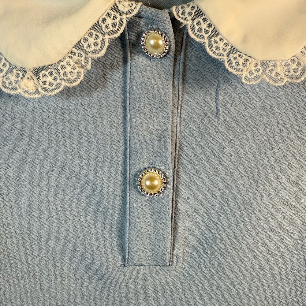 Blue Puff Sleeve Peter Pan Collar Top Shein Lace Trim Cropped Mod Preppy Blouse - Picture 5 of 12